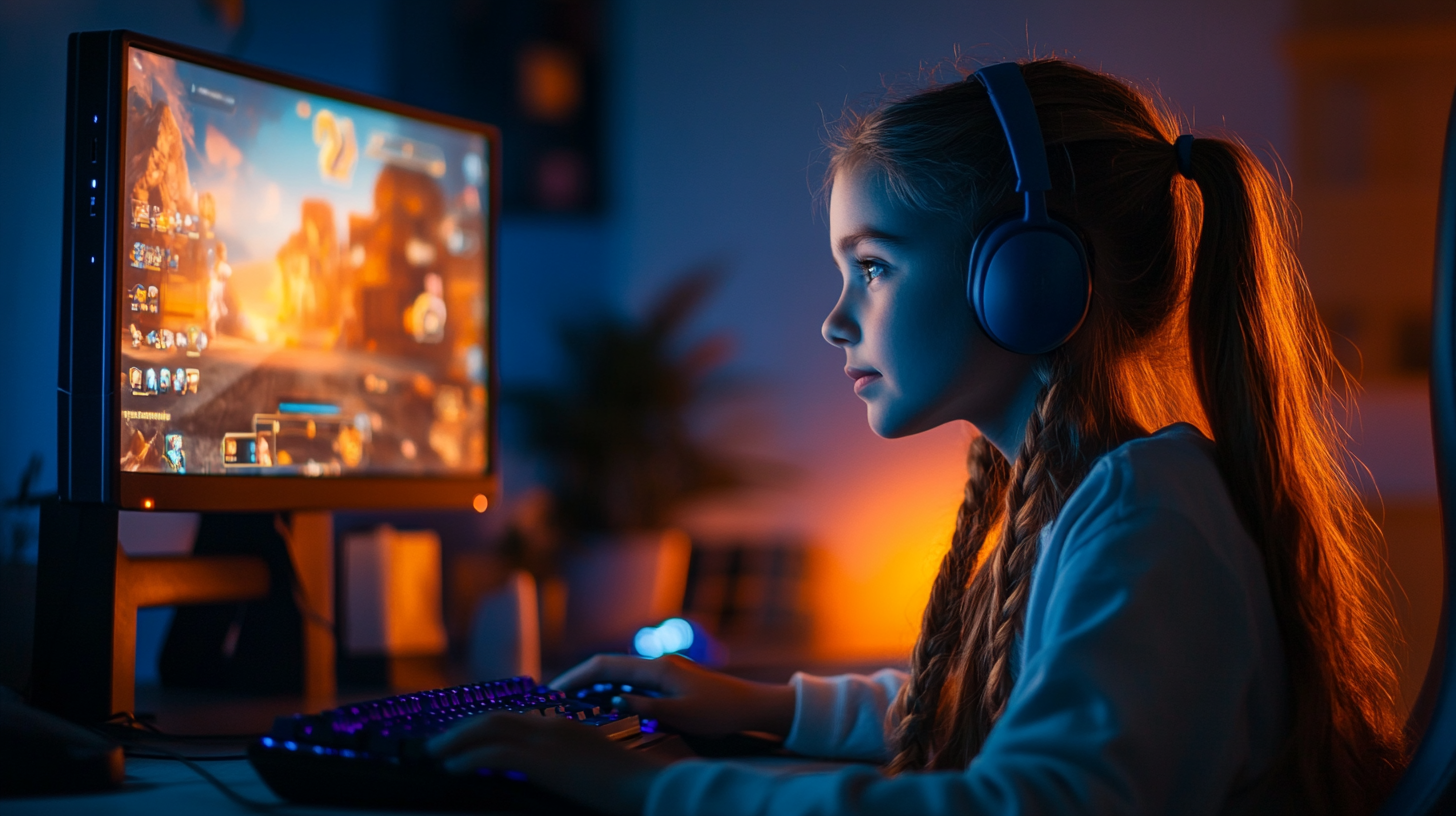 Teenage girl playing PC games at night, realistic portrait.