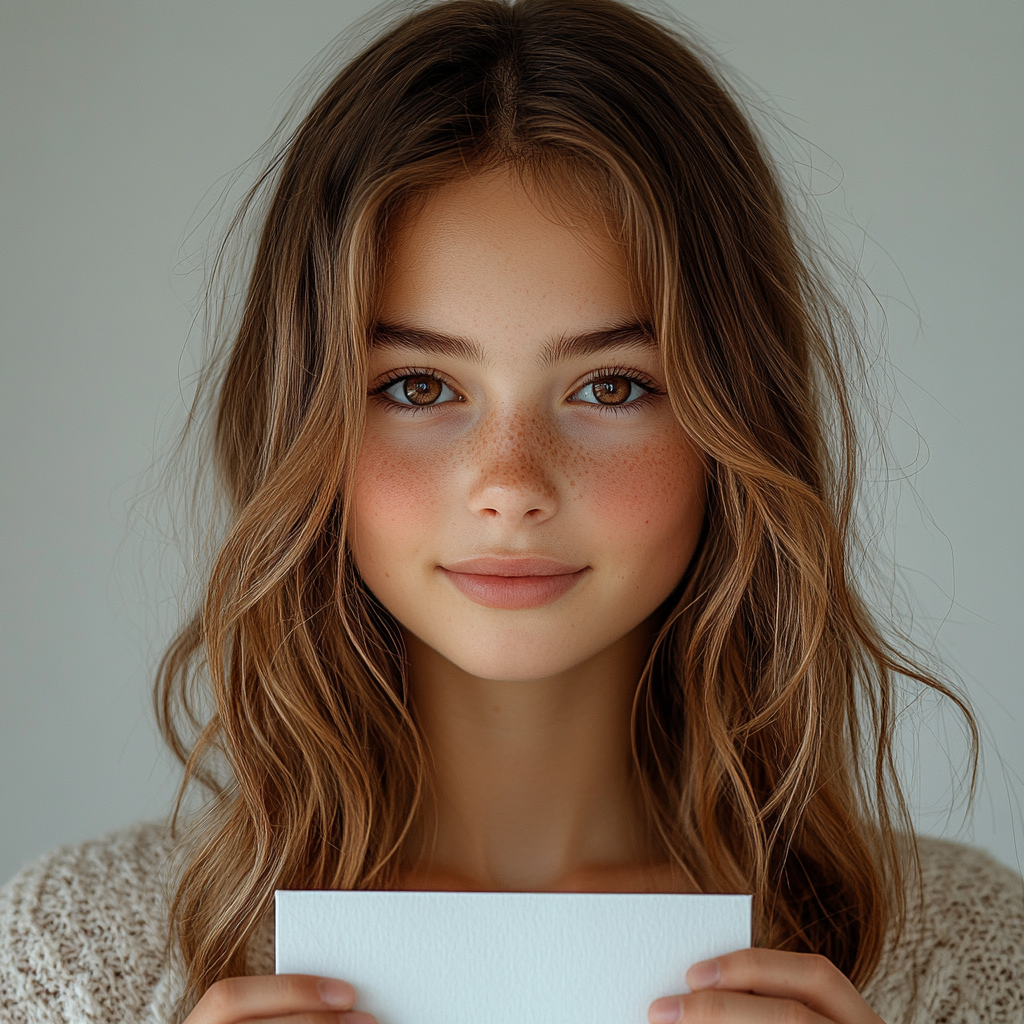 Teenage girl with brown hair holding white box