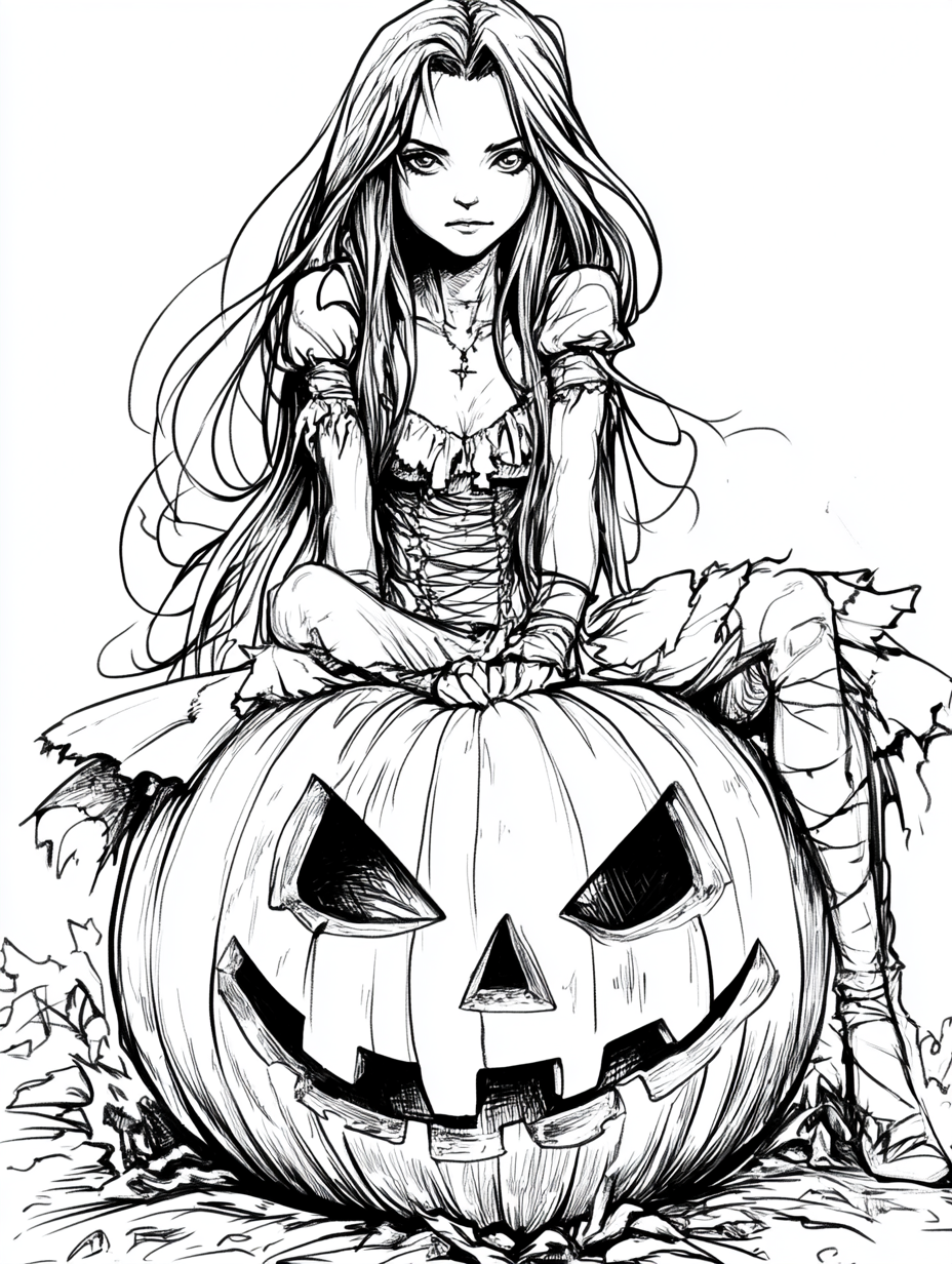 Teenage witch sitting on pumpkin with spooky expression.