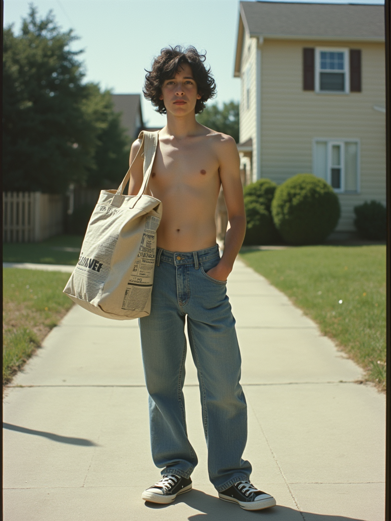 Teenager Delivering Newspapers in 1980s Suburb