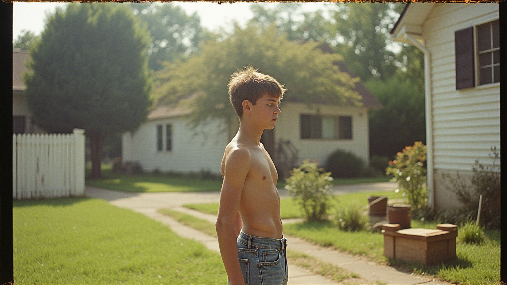 Teenager Doing Yard Work in 1980s Suburb Photo