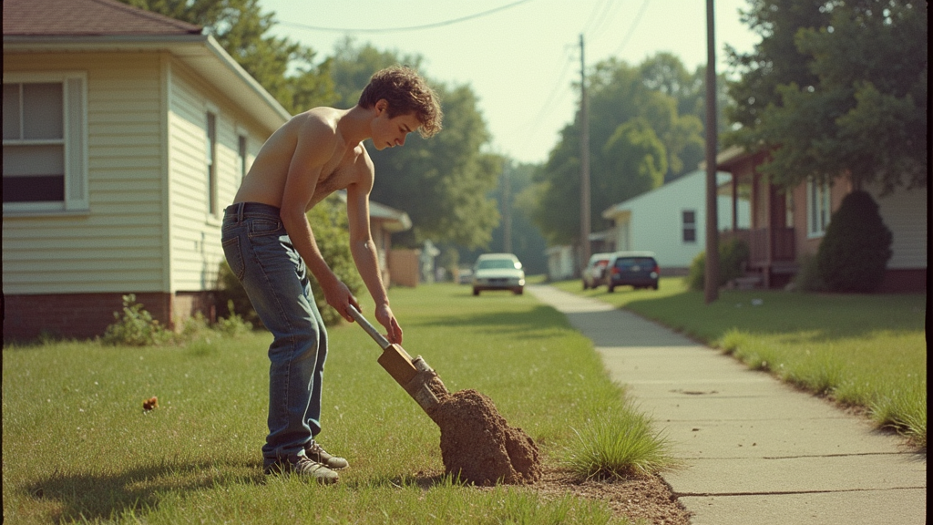 Teenager Doing Yard Work in 1980s Suburb