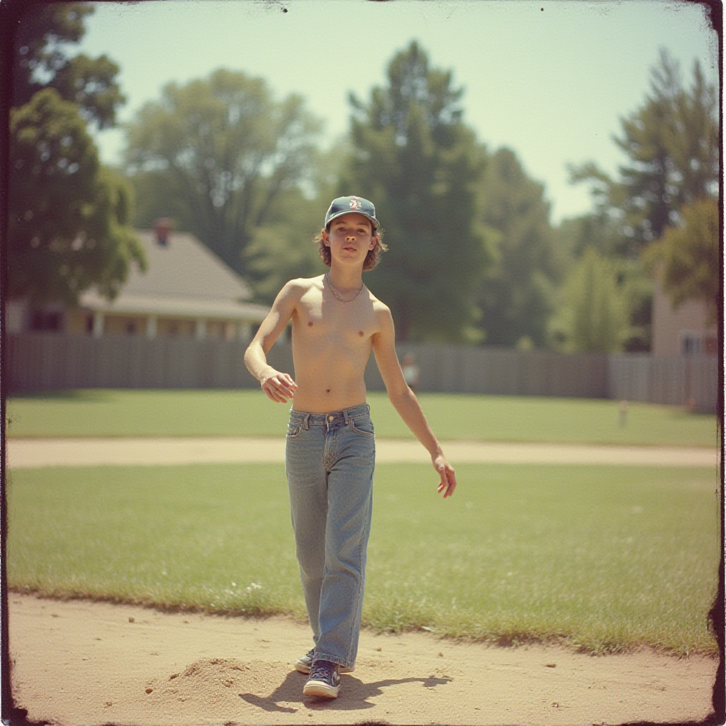 Teenager Playing Baseball in 1980s Suburb