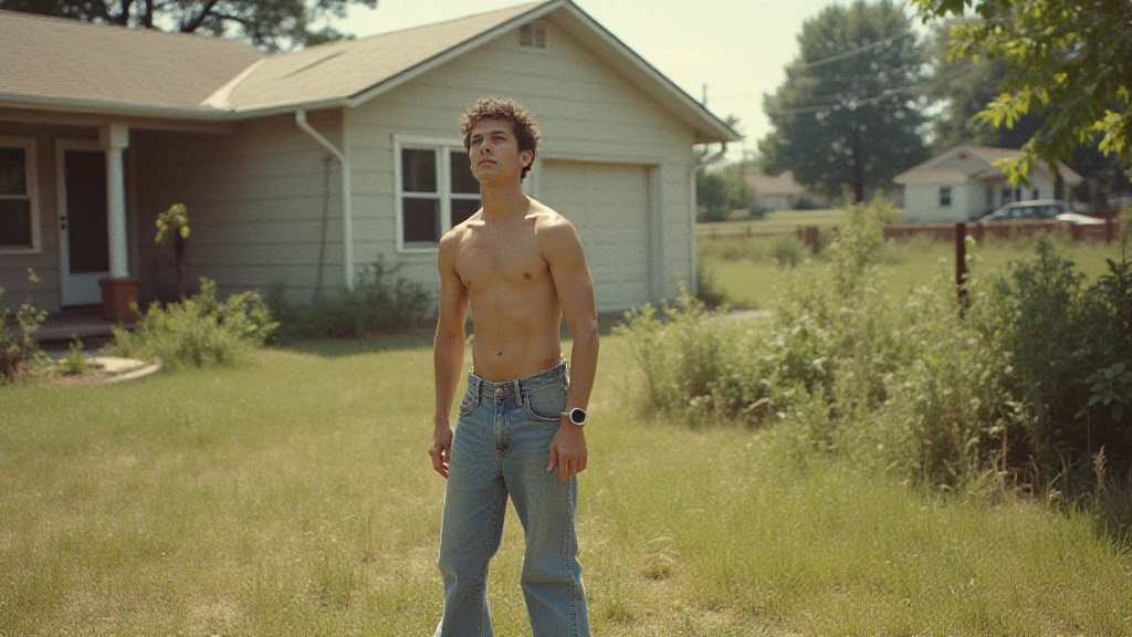 Teenager Working in Yard, Vintage 1980s Suburb Photo