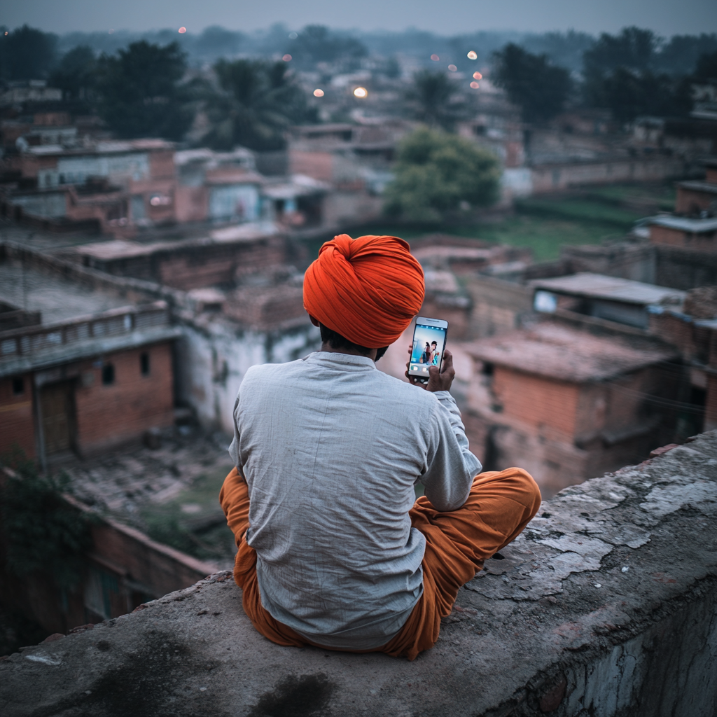 Teenager in Turban on Village Rooftop with Smartphone