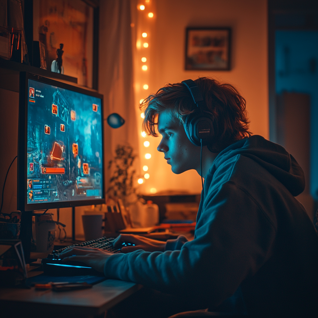 Teenager playing PC games at night, with blue and orange lights, retro icons floating around.