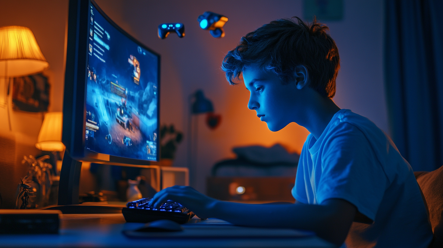 Teenager playing PC games in cozy warm room.