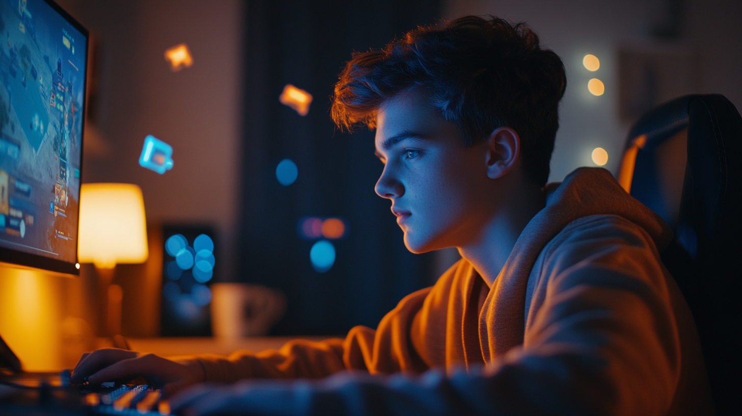 Teenager playing PC games in dark room at night.