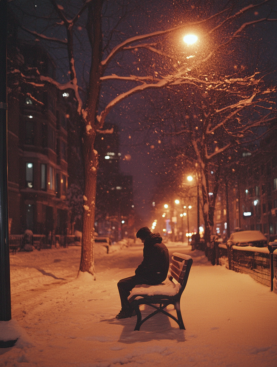 Teenager sitting on snowy bench at night, Montreal