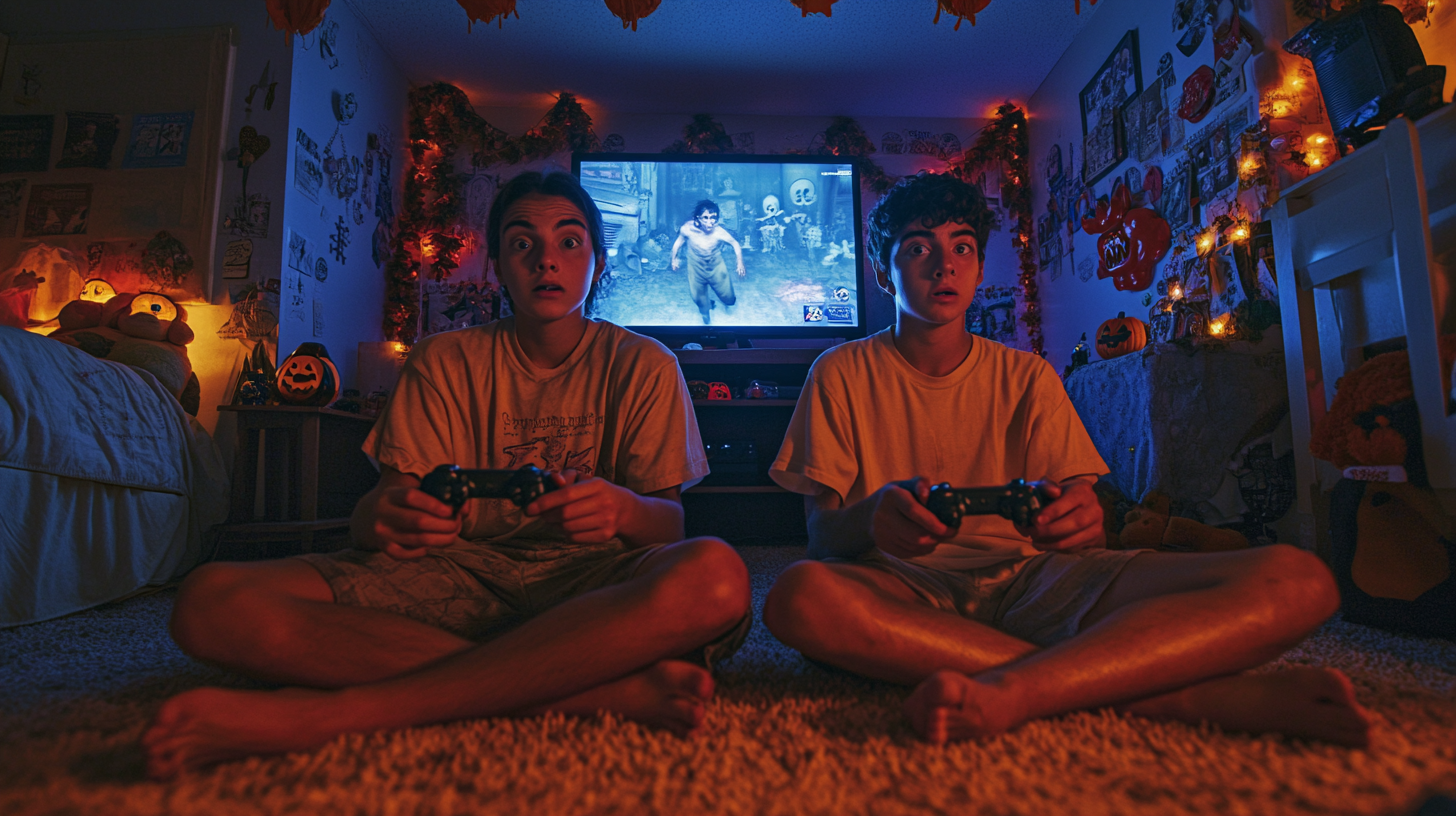 Teenagers Playing Horror Video Games in Halloween Setting