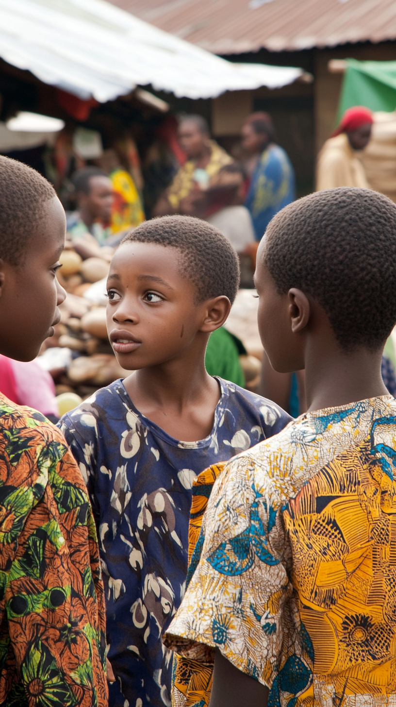 Teenagers chatting in Nigerian market wearing traditional clothes.