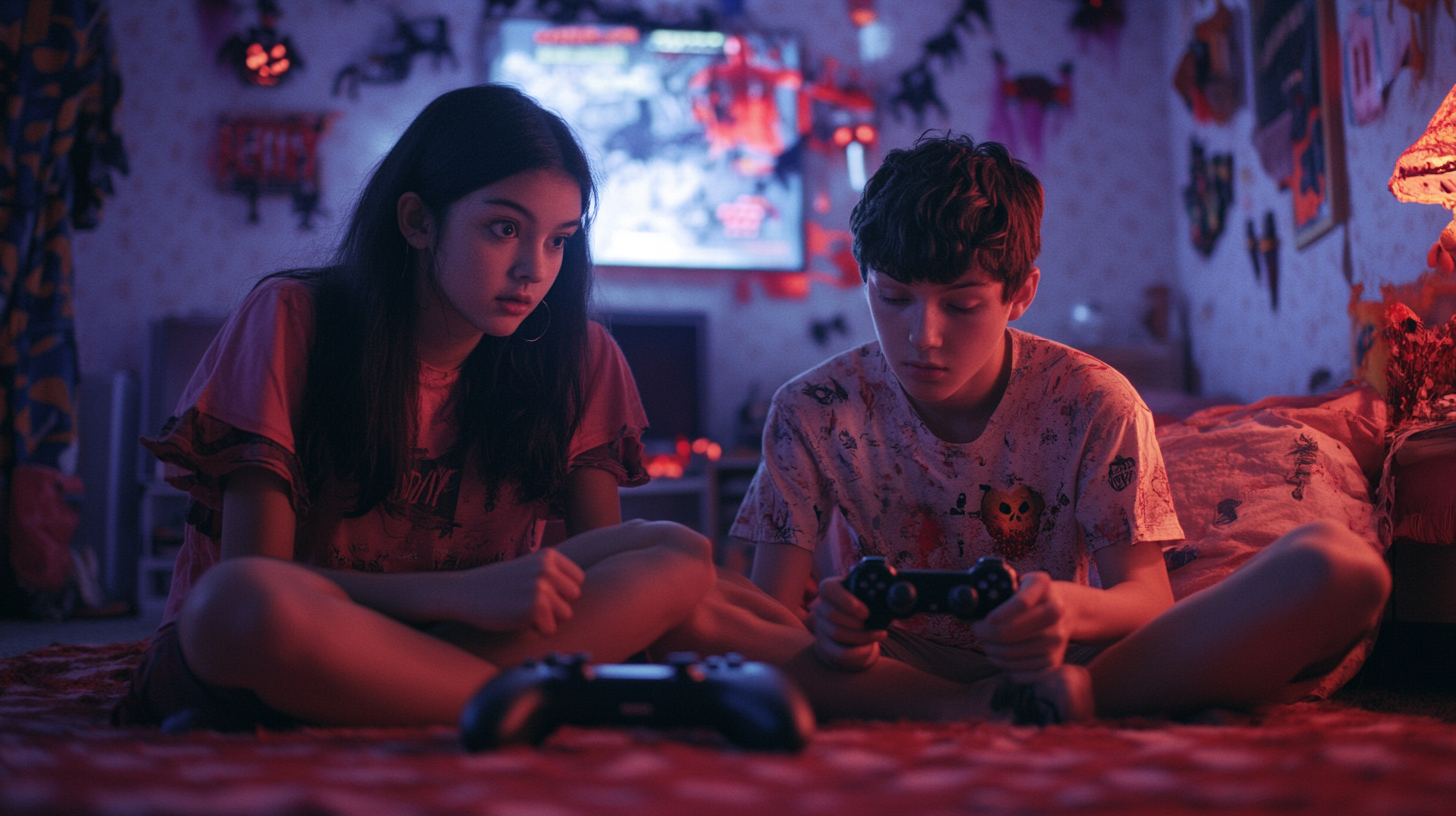 Teenagers playing spooky video games in dim bedroom