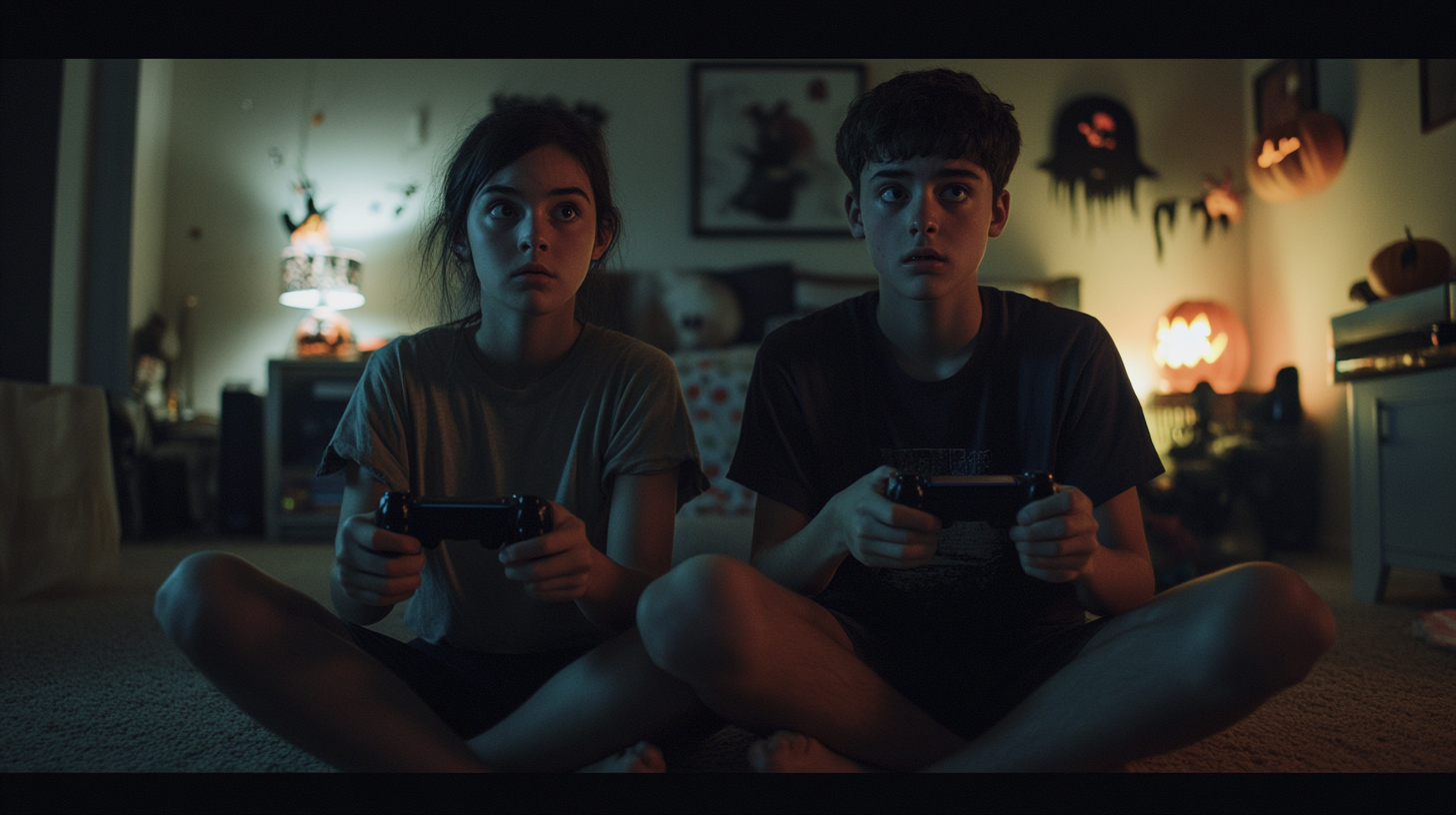 Teens Playing Horror Video Games in Dark Room