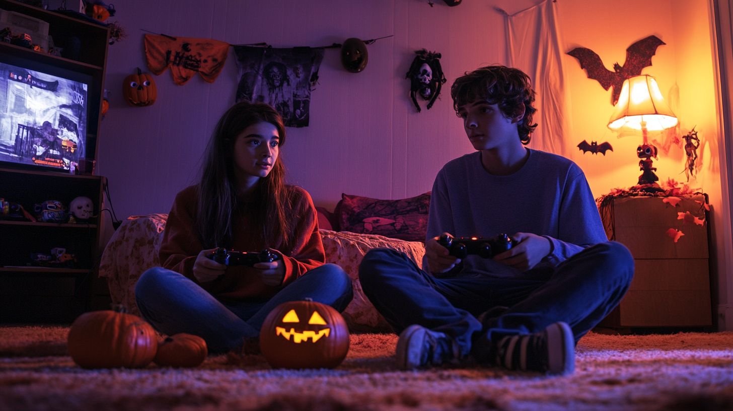 Teens Playing Horror Video Games in Dimly Lit Room