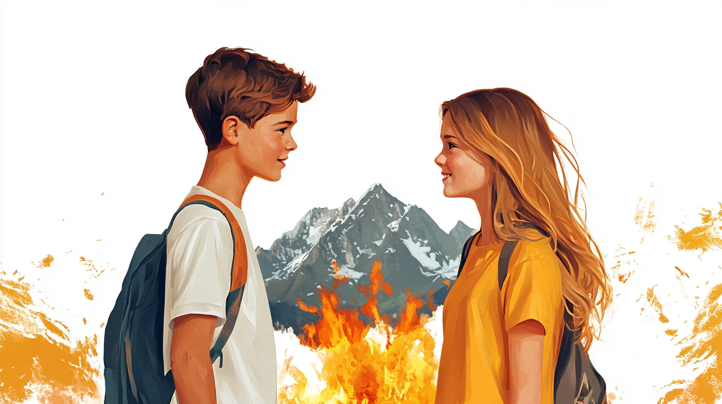 Teens by campfire chat with mountains behind, friendship