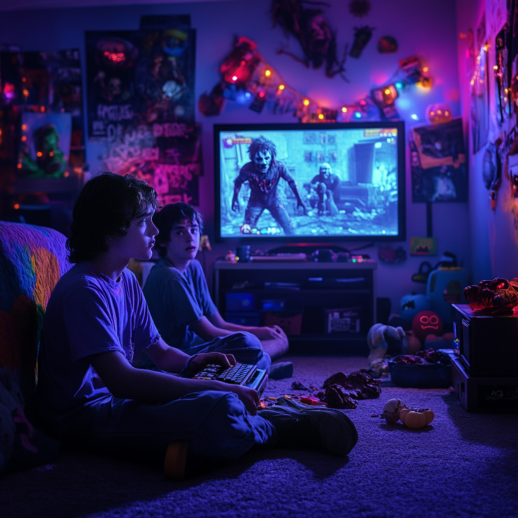 Teens playing horror video game in spooky room