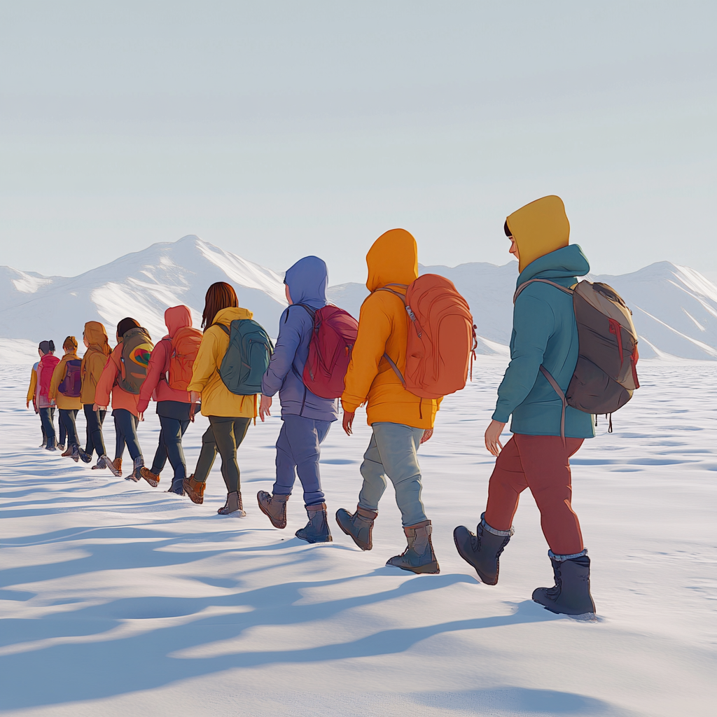 Teens walk in line in snowy Antarctica.