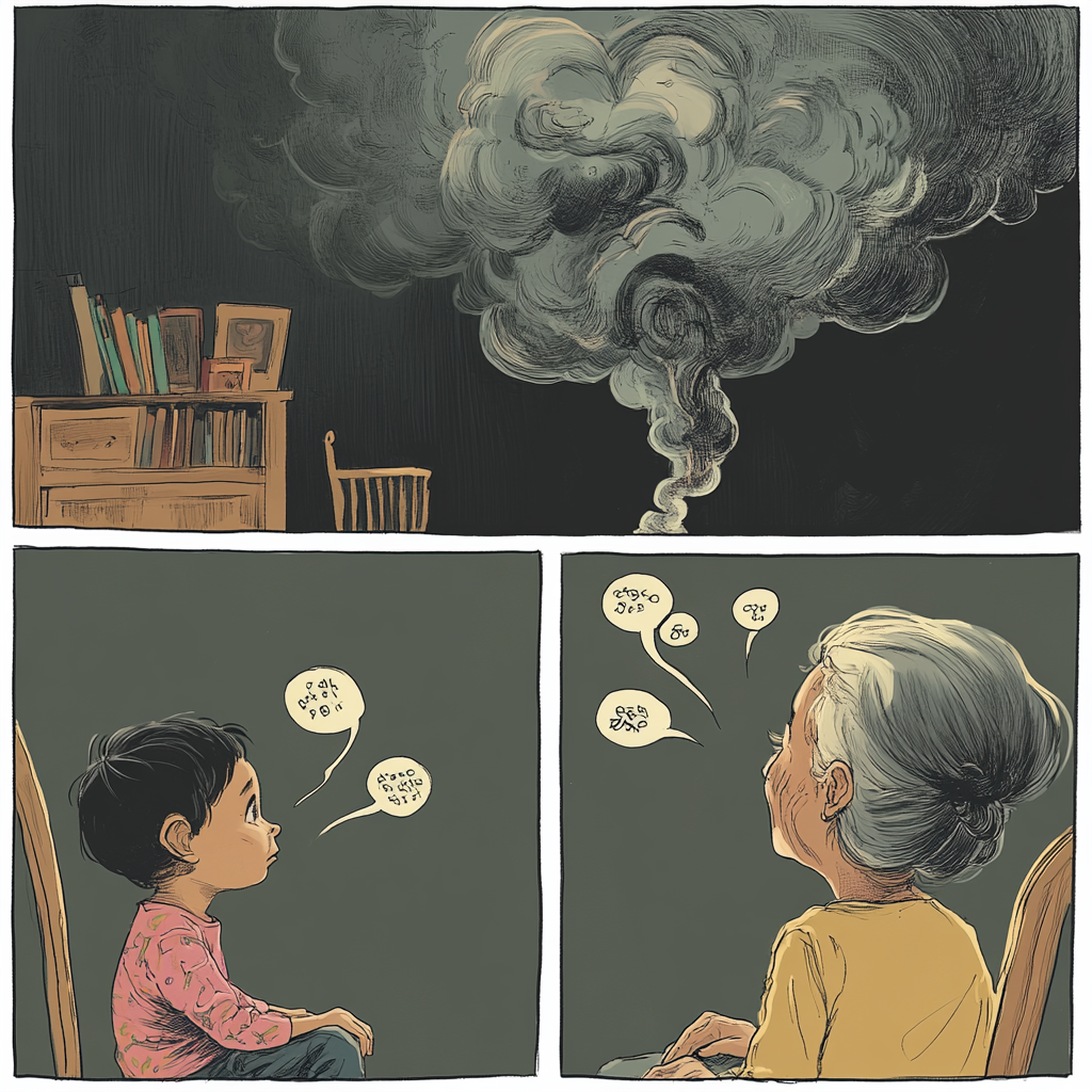 Telepathic communication between child and grandmother comic concept