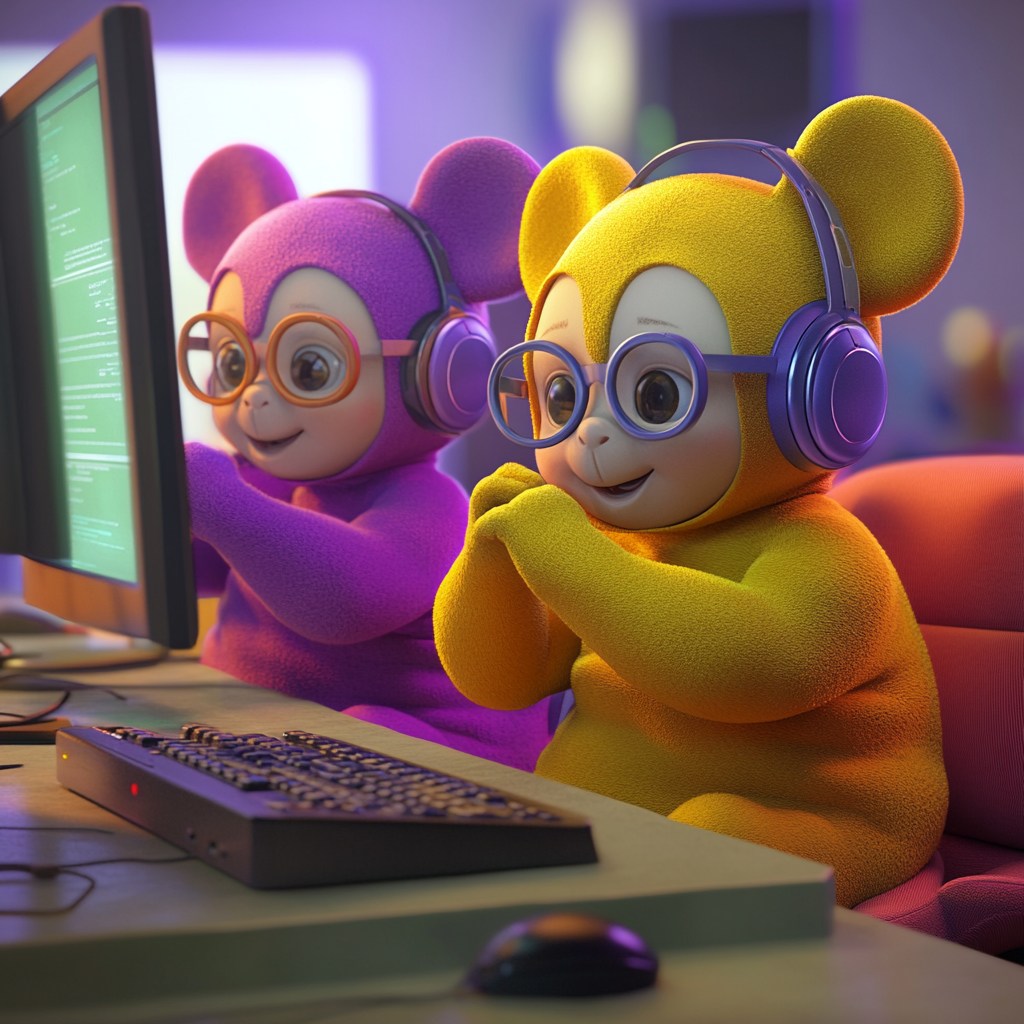 Teletubbies with Wireless Headsets and Reading Glasses 