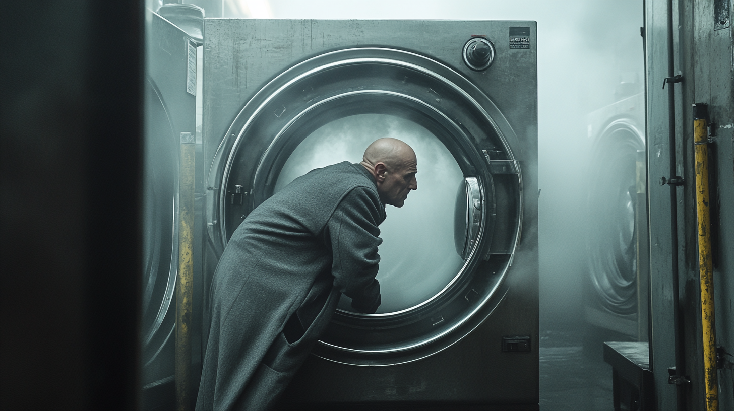 Telly Savalas crawling into washing machine in foggy dock.