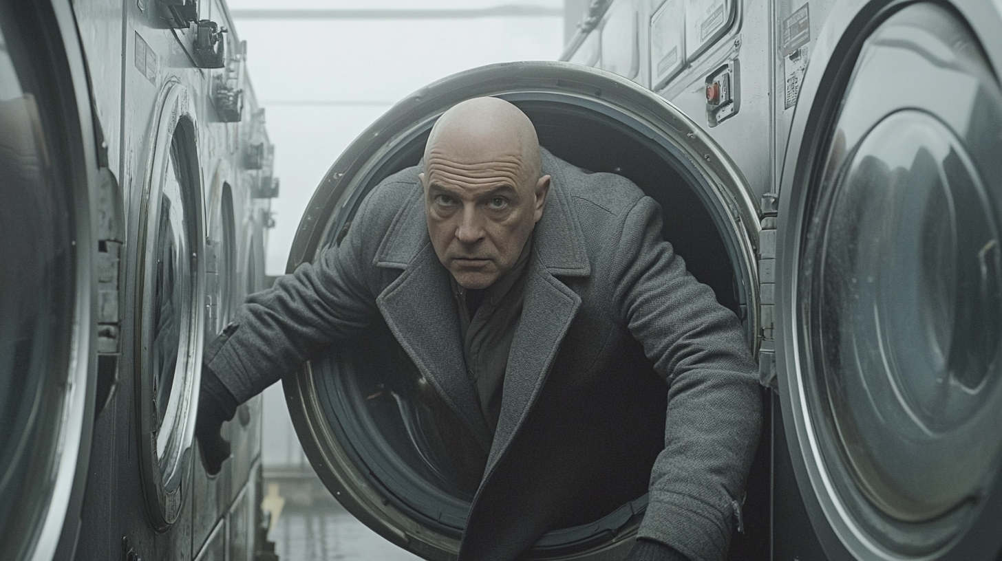 Telly Savalas in grey longcoat crawling in washer.