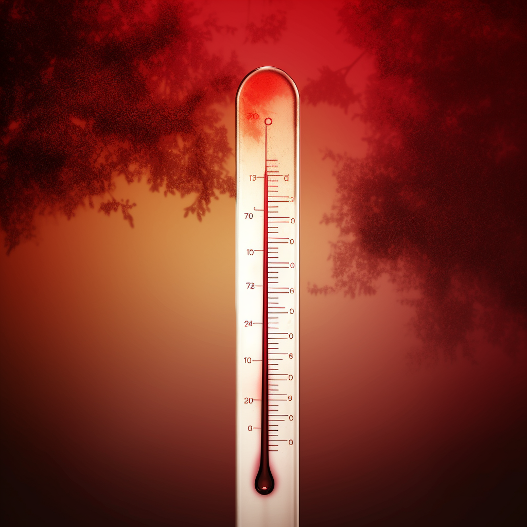 Temperature Displayed: Mercury Thermometer, Tree Silhouette Background