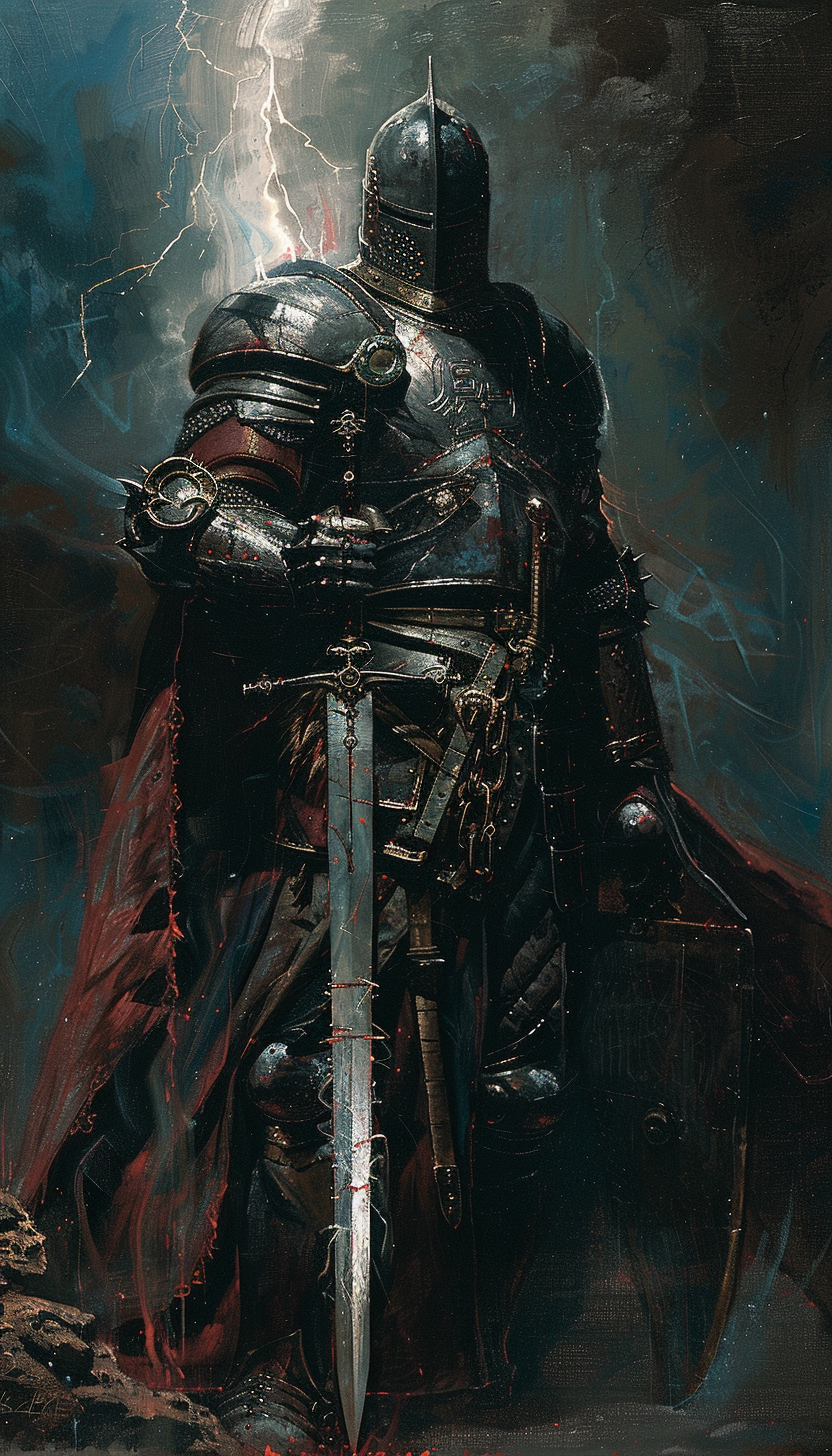 Templar knight in lightning obsidian armor on fantasy lithograph.