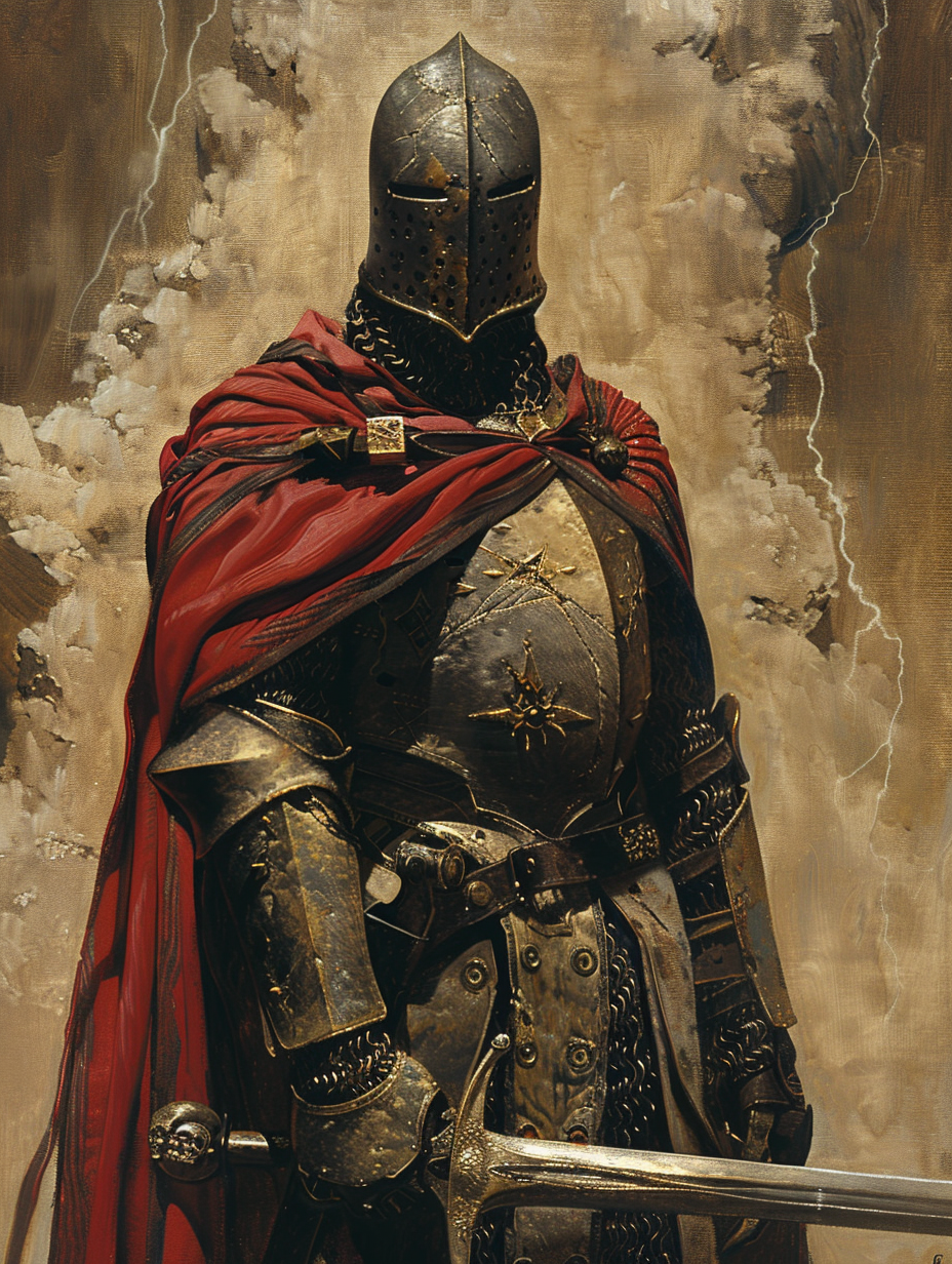 Templar knight in obsidian armor uses lightning magic.