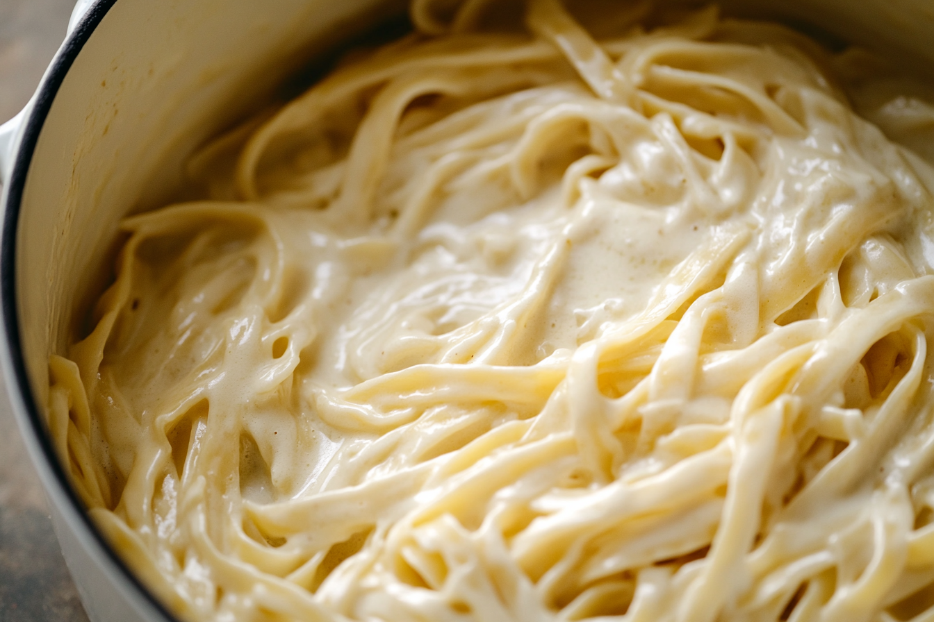 Tempting Homemade Alfredo Sauce in White Pot