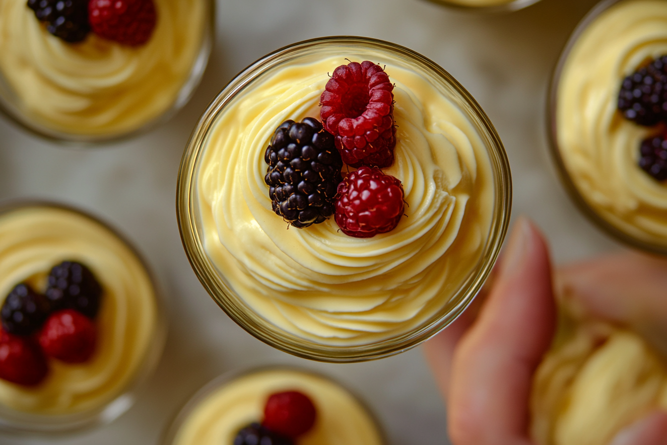 Tempting Vanilla Pots De Creme with fresh berries.