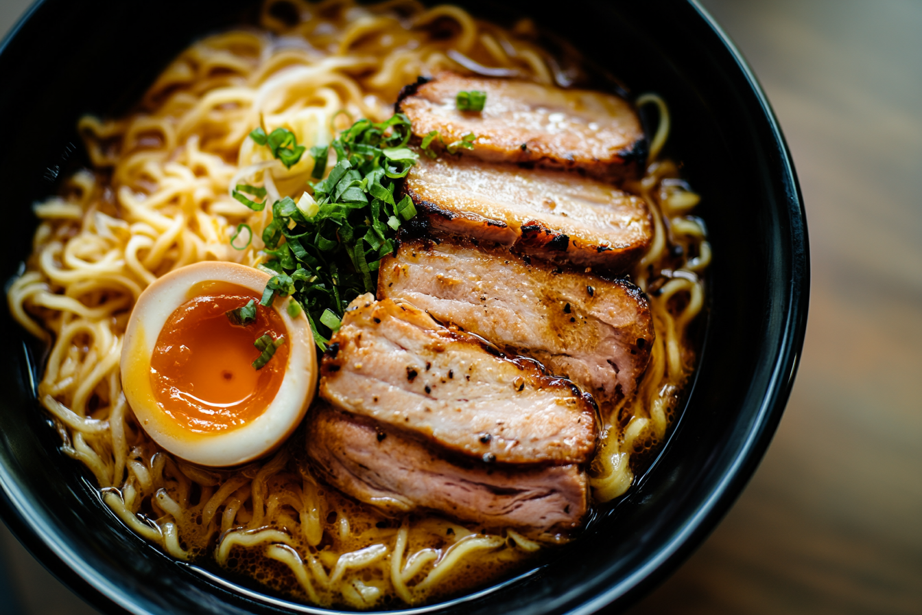 Tempting close-up of luxurious Ramen Carbonara in top view.