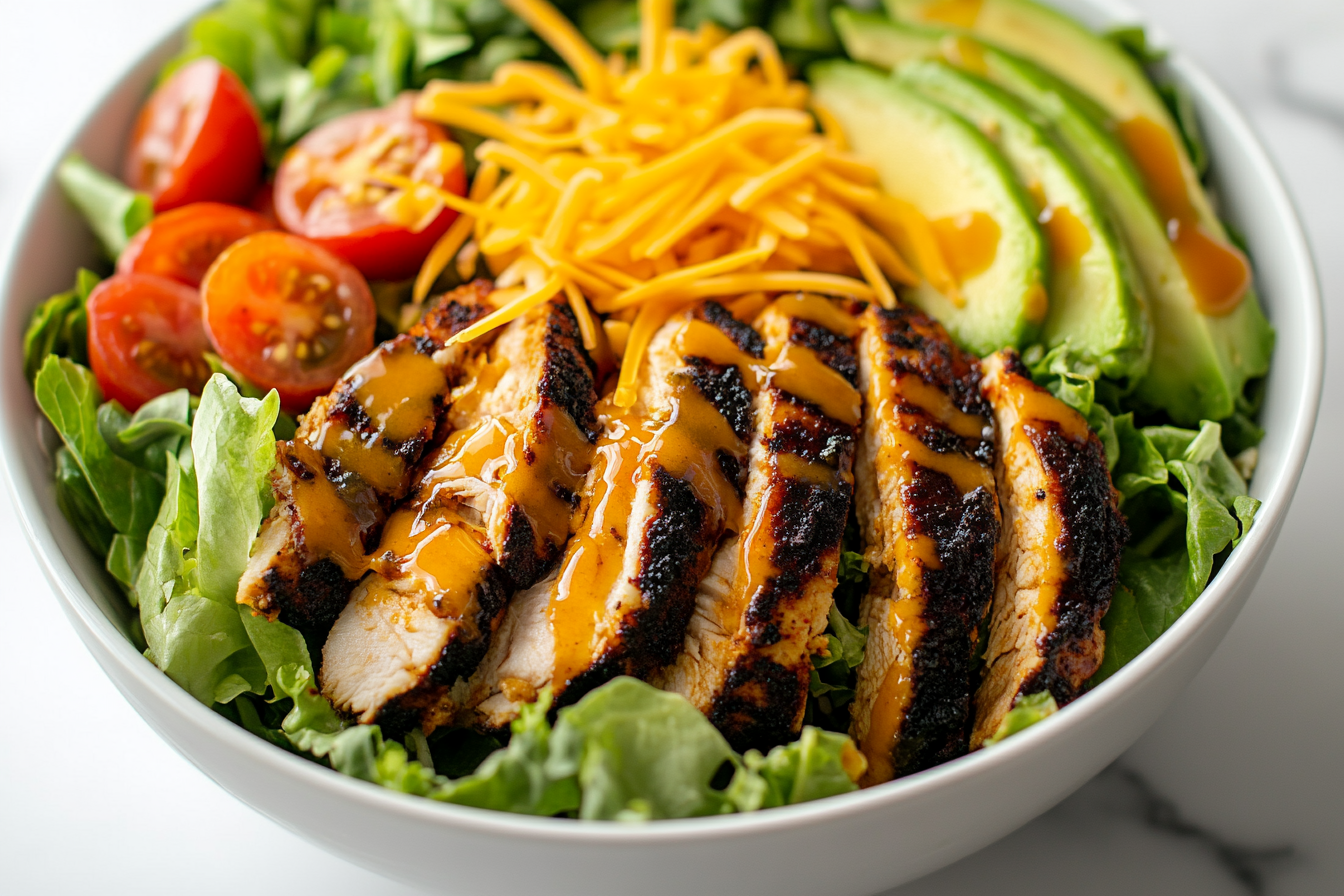 Tempting gourmet salad with blackened chicken on marble countertop.