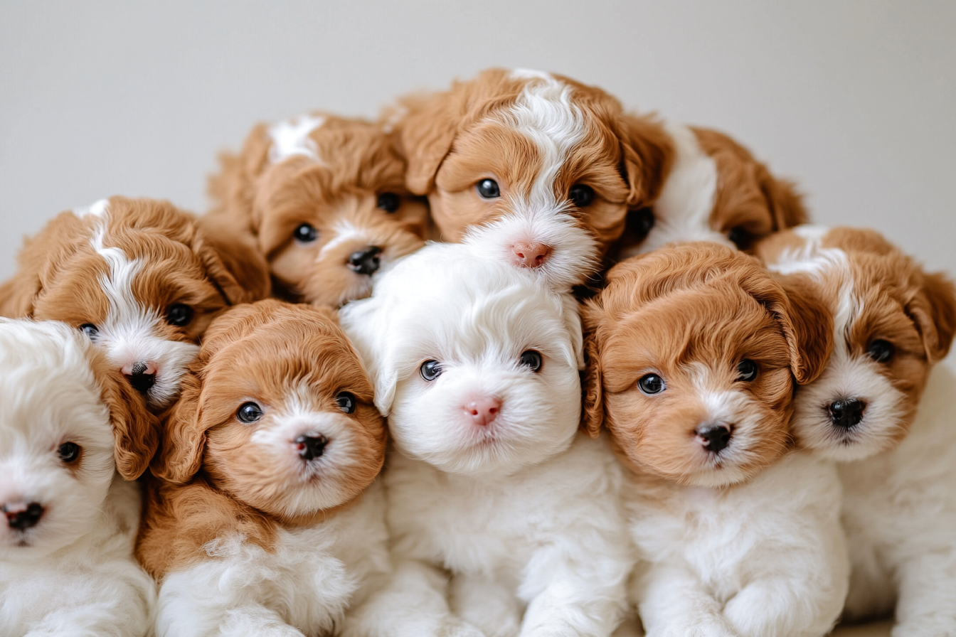 Ten adorable Bichon Frisé puppies cuddled together, cute background