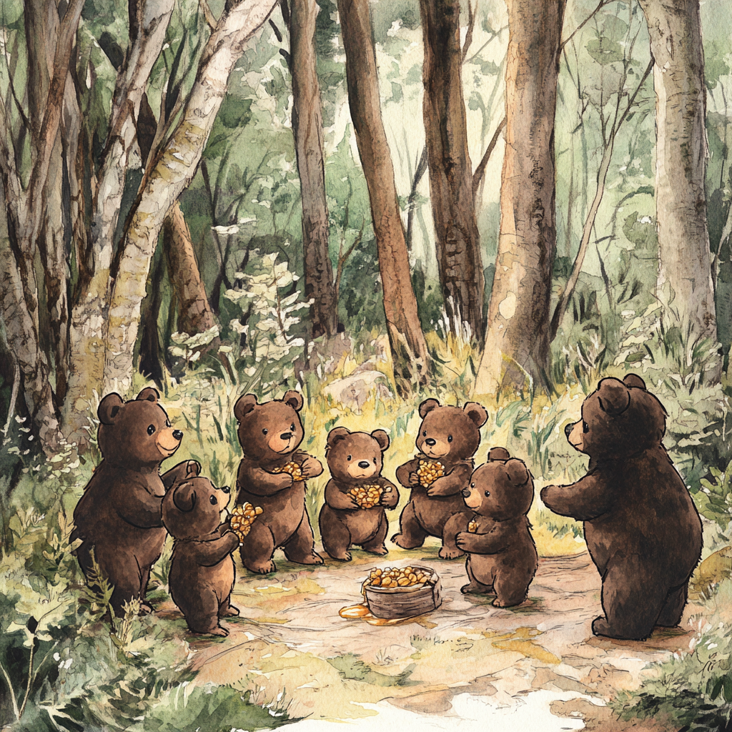 Ten teddy bears searching for honey in the woods.