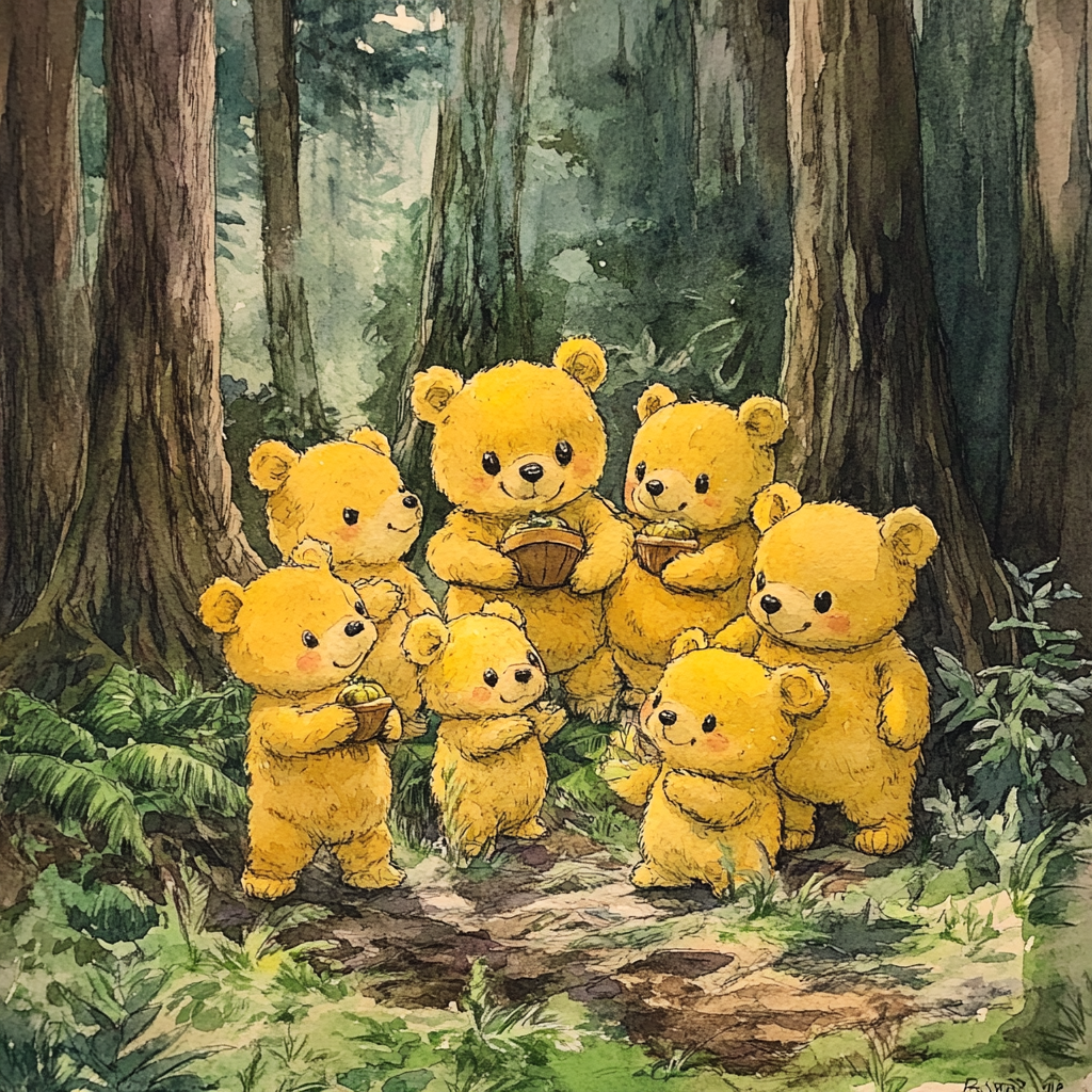 Ten teddy bears searching for honey in woods.