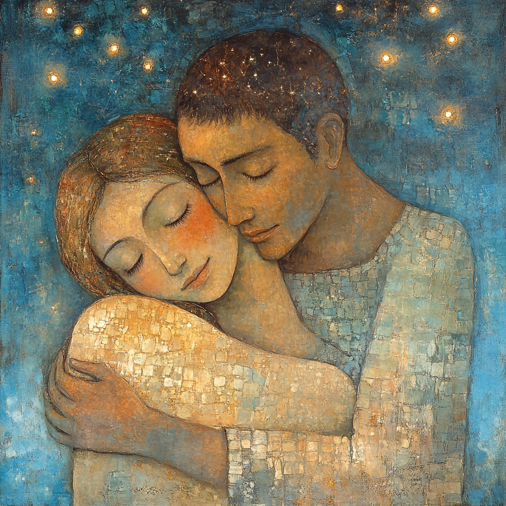 Tender embrace between figures in cozy, intimate setting.