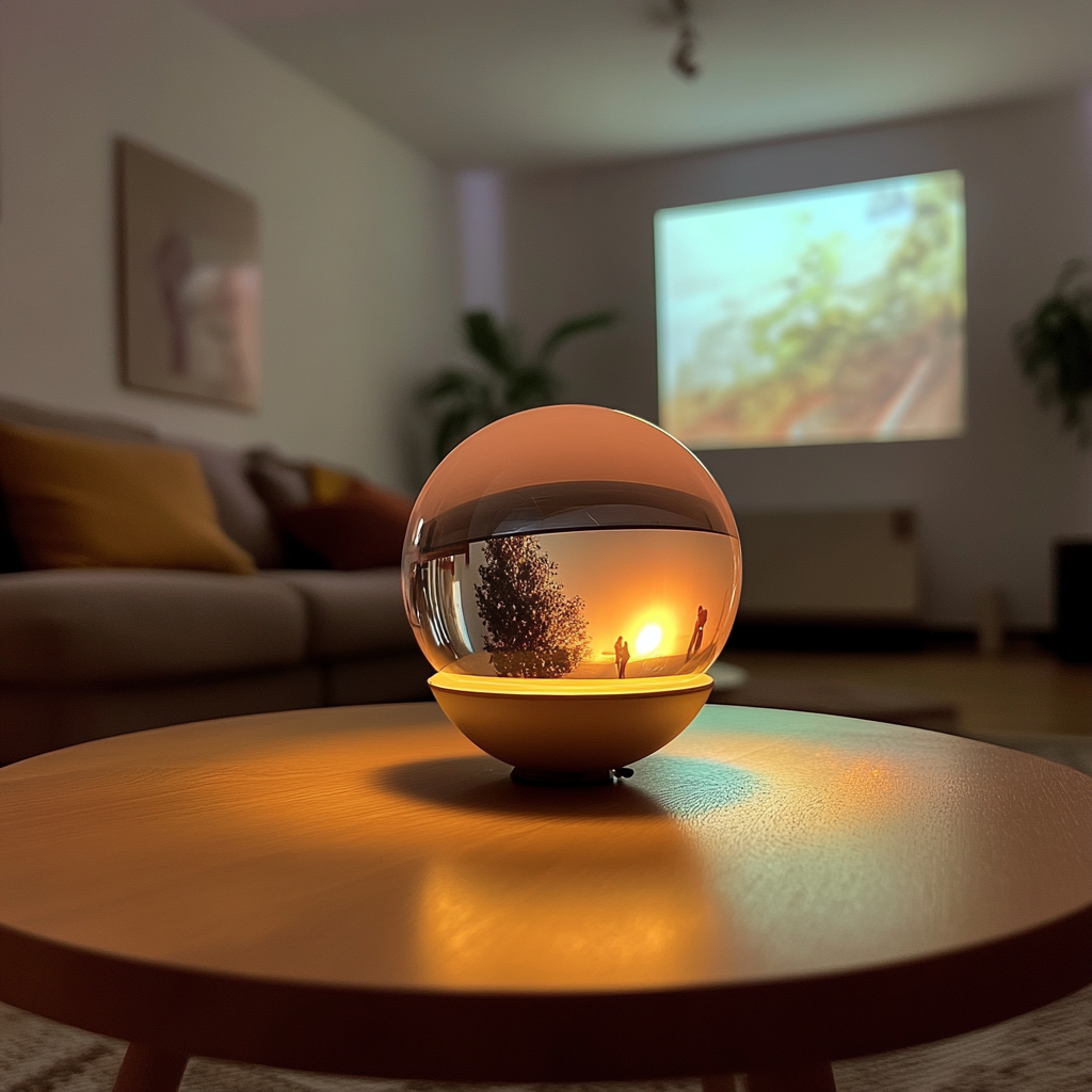 Tennis ball with movie projector in living room.