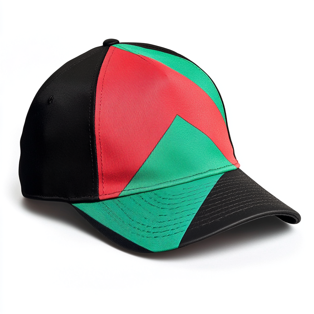 Tennis cap with flag design: large red triangle front.