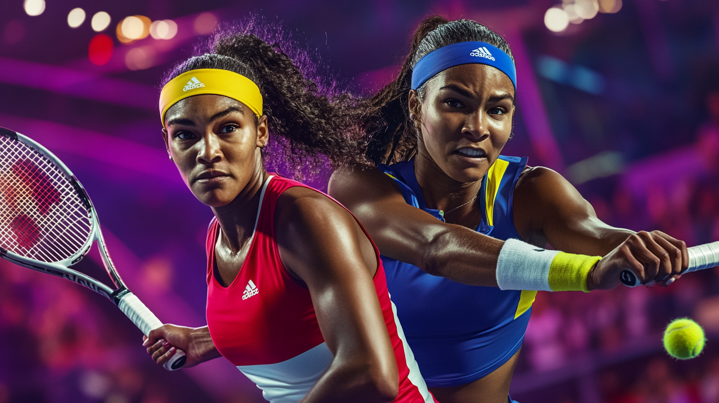 Tennis players in color outfits on vibrant court