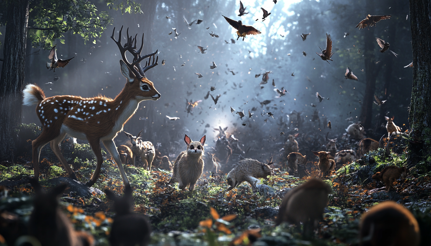 Tense Forest Hunt: 3D Render, Animals Fleeing - 7:4