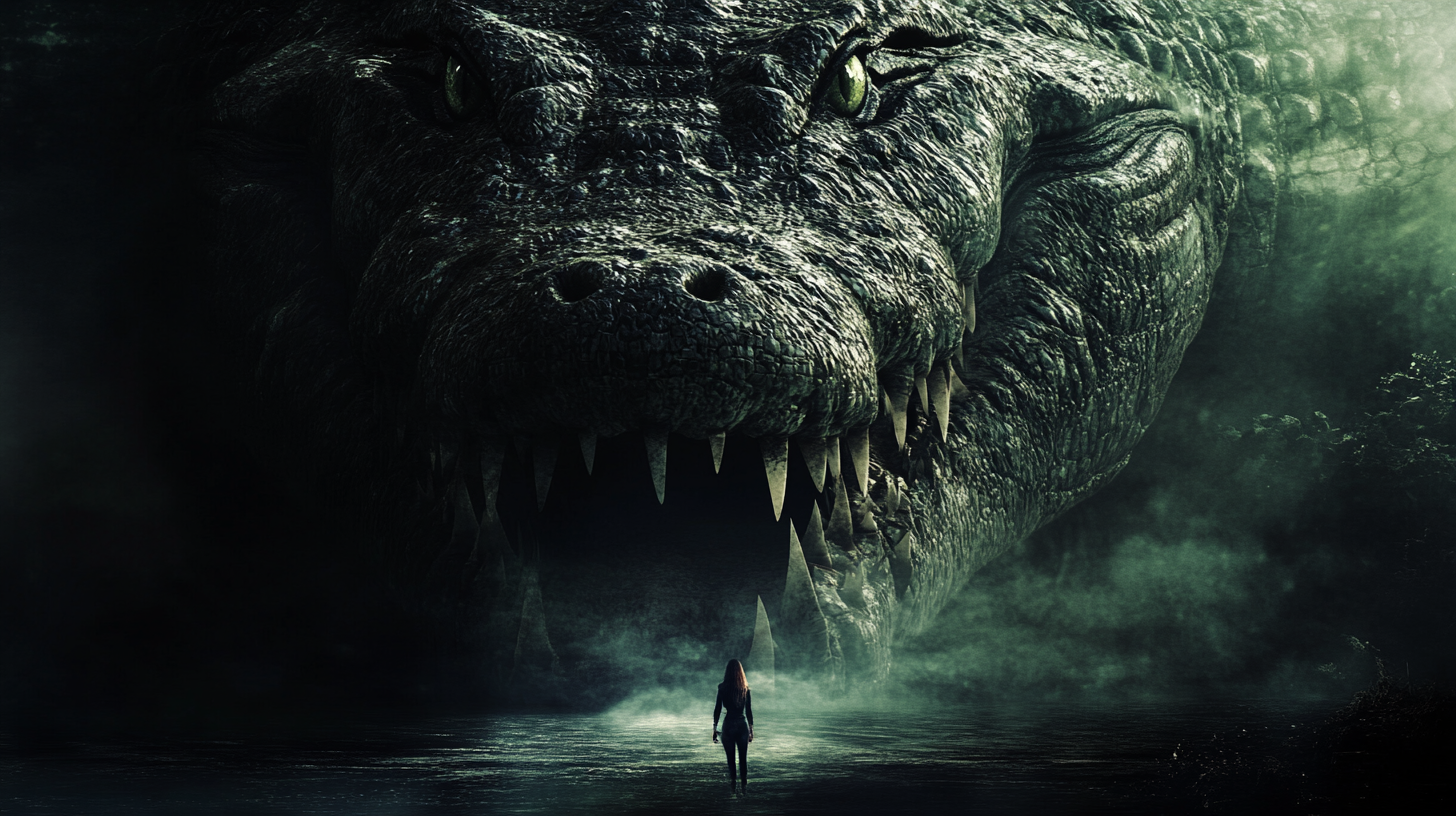 Tense film poster with massive crocodile looming