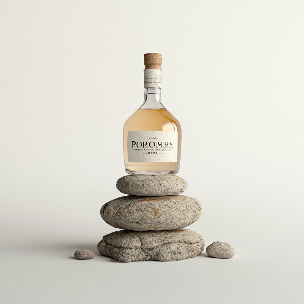 Tequila bottle on rocks with neutral backdrop