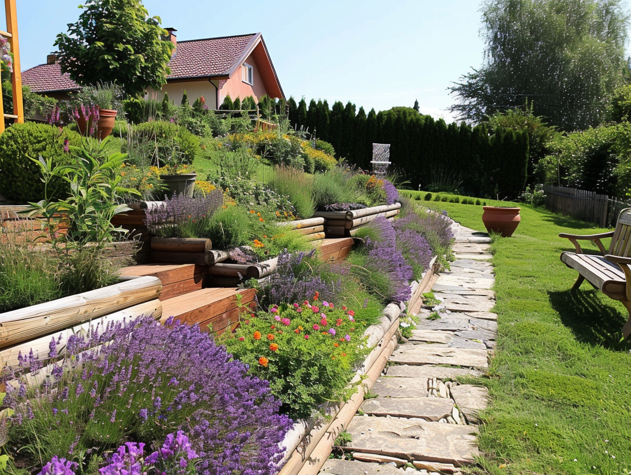 Terraced garden supported by wooden walls and flower beds.