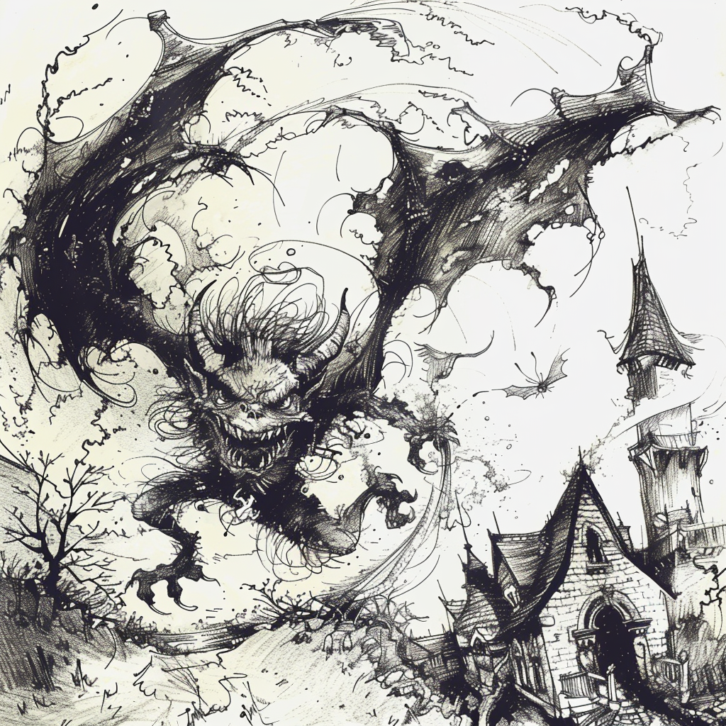 Terrified Devil in Tornado Sketch by Tudor House