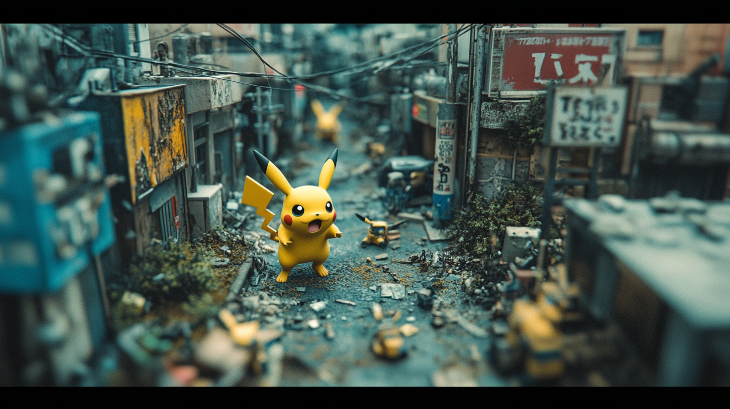 Terrified Pikachu running from Terminator robots in Tokyo.