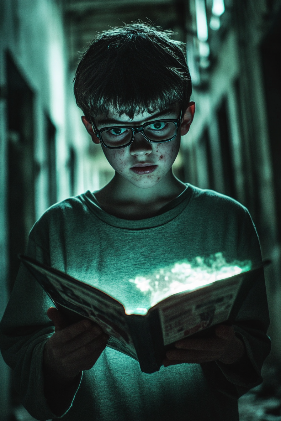 Terrified boy holds eerie comic book in dark center.