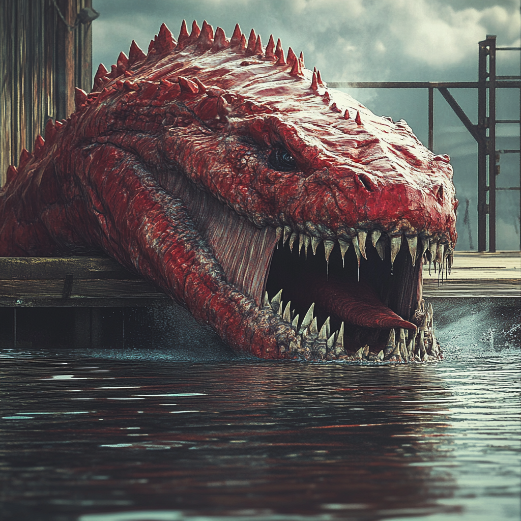 Terrifying red-skinned shark-crocodile monster coming out of water.