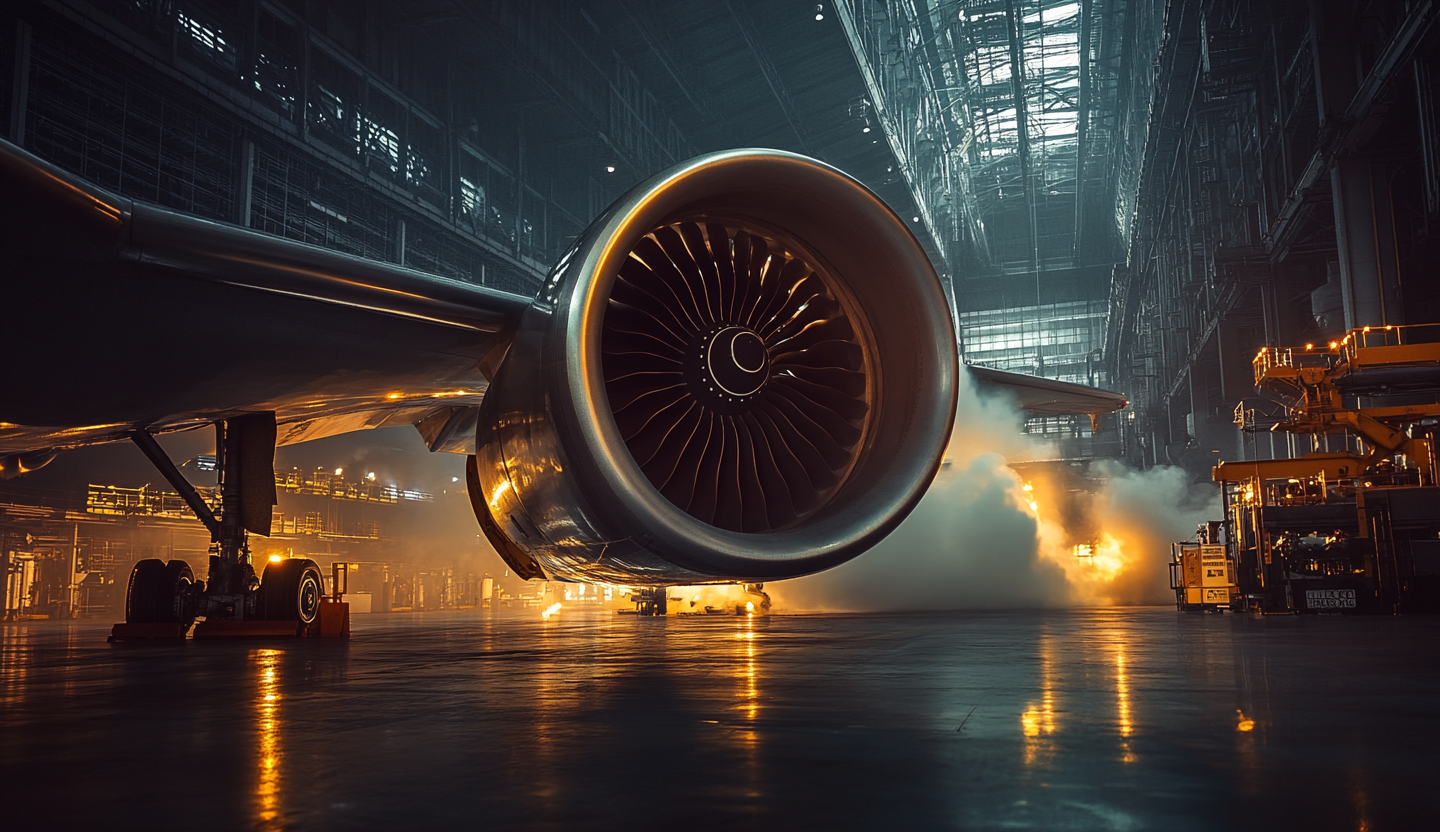 Testing of airplane turbine in hangar with bright lights.