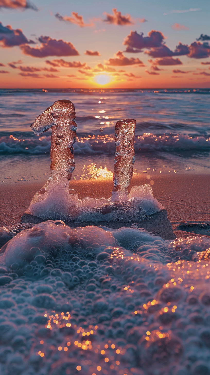 Text floating above beach at sunset, wet from waves.