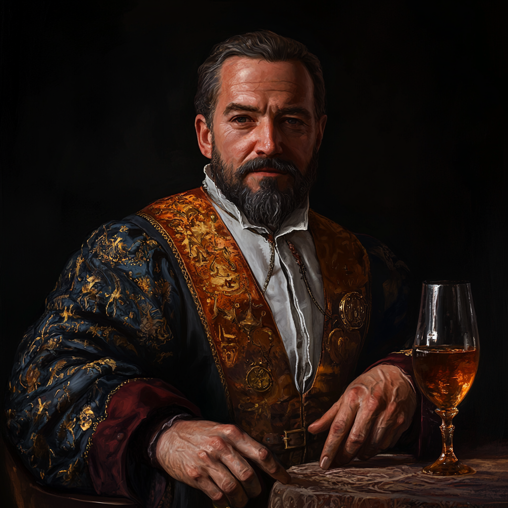 Text summary: Renaissance portrait with noble, wealthy tavern owner.